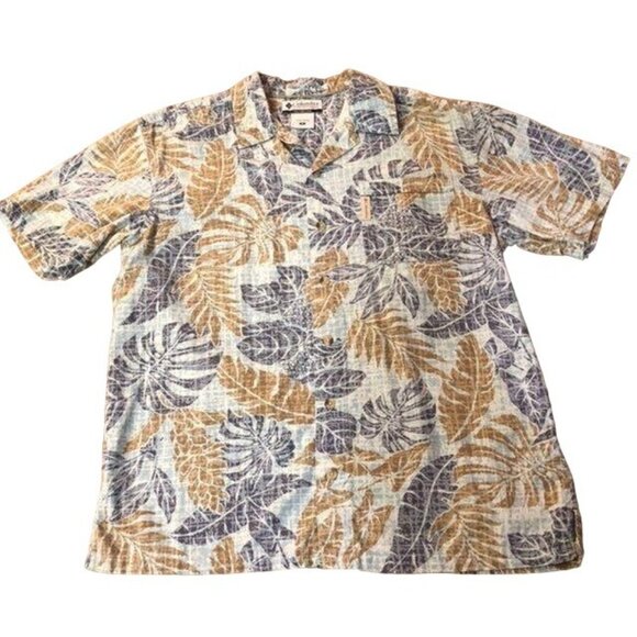 Columbia Camp Shirt Mens M Blue Tan Leaf Print Hawaiian Casual Summer Travel Y2K - Picture 16 of 16